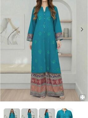 Limelight Teal Embroidered Long Kurta with Printed Hem Pants